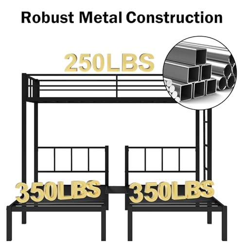 Zevemomo Twin Over Twin & Twin XL Bunk Bed, Metal Triple Bed with Safety Protect and Ladder, Convertible 3 Beds, No Boxing Spring Needed, Black Zevemomo