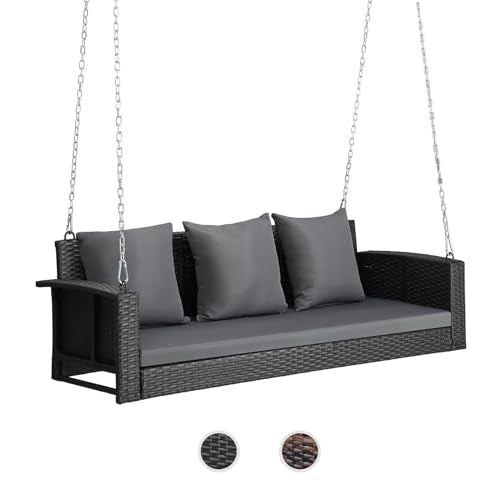 VINGLI Heavy Duty 800 LBS Wicker Hanging Porch Swing with Cushions & Chains, 5FT Outdoor Rattan Swing Bench for Garden, Yard, Lawn (Black) VINGLI