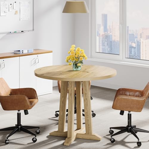 Tribesigns Small Conference Table for 2-4 People, 31.5" Round Office Meeting Table with Unique & Sturdy Pedestal, for Conference Room, Small Spaces, Natural Wood Color Tribesigns
