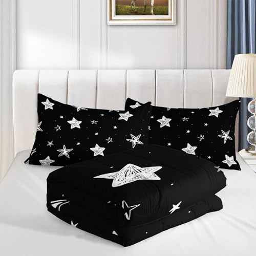 Smell Sunshine Black and White Stars Comforter Set Starry Printed Bedding Set with 1 Comforter and 2 Pillowcases for Boys and Girls Bedroom All Season(Stars Twin) Smell Sunshine