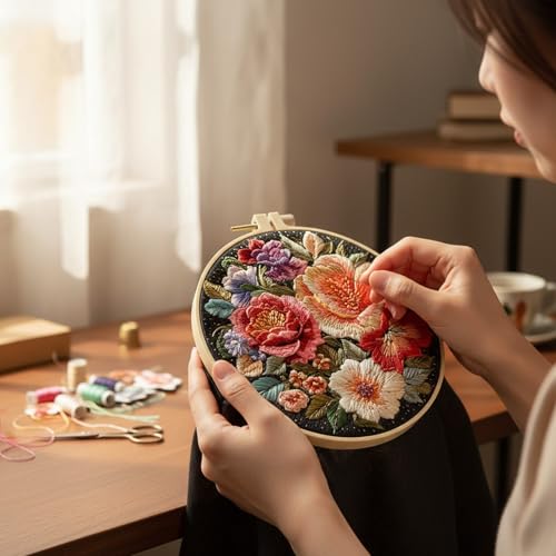 ARTopet Embroidery Kit for Beginners Cross Stitch Kits Needlepoint Set Colorful Flowers Patterns Embroidery Thread Kit for Craft Lover Hand Stitch with Hoop Threads Fabric-Flowers02