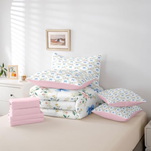 Erosebridal Flower Bowknot 7 Piece Bed in a Bag Twin Coquette Decor 7 Piece Comforter Set Dreamy Princess Style Fitted Sheet Reversible Natural Floral Ribbon Sheet Set Breathable Lightweight Erosebridal