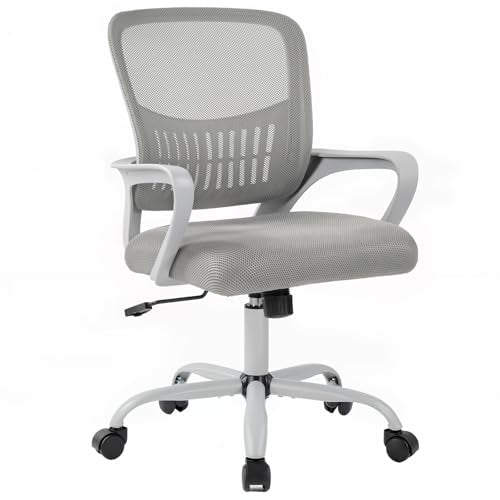 DUMOS Home Office Computer Chair - Ergonomic Mid Back Desk with Lumbar Support and Rocking Mode, Height Adjustable with Fixed Armrest, for Conference Meeting Room, 360° Swivel, Adults, Grey DUMOS