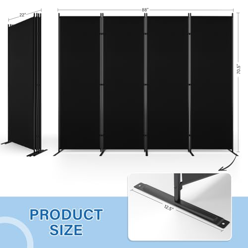AKTOP 4 Panel Room Divider, 6FT Portable Wall Divider for Room Separation, 88"W Fabric Partition Room Dividers and Folding Privacy Screens, Freestanding Room Separators for Home Office Bedroom, Black AKTOP