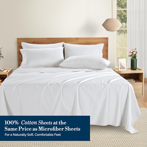 Casa Platino Queen Sheets Set –100% Cotton Queen Sheets with 4 Pillowcases, Lightweight Feel & Secure Fit, Crisp & Breathable Percale Weave with 15" Deep Pocket, Soft and Cozy – Pure White Casa Platino