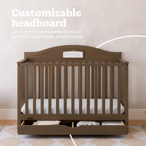 Graco Story 5-in-1 Convertible Crib with Drawer – GREENGUARD Gold Certified Wood Crib, Converts to Toddler Bed, Daybed, Full-Size Bed, Nursery Storage Drawer, Reversible Headboard (Hazelnut)