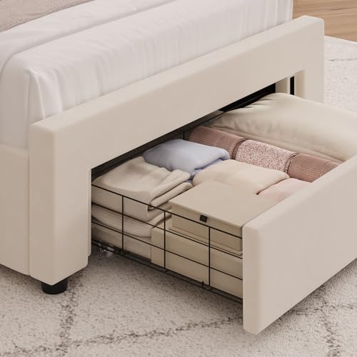 HITHOS 2 Set Twin Upholstered LED Bed Frame with Storage Drawer, Velvet Kids Bed with Headboard, Princess Twin Platform Bed for Girls/Kids, Solid Wood Slats Support, No Box Spring Needed (Beige) HITHOS