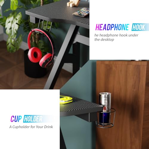 PayLessHere 47 Inch Gaming Desk PC Carbon Fiber Table Ultimate Gamer Workstation with Cup Holder & Headphone Hook for Home Office,Red PayLessHere