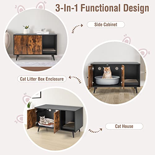 Tangkula Cat Litter Box Enclosure, Cat Washroom W/Divider, Scratching Pad, Metal Leg, Enclosed Cat Box Cabinet Pet House W/Double Doors, Litter Box Furniture Hidden for Large Cat (Rustic Brown) Tangkula