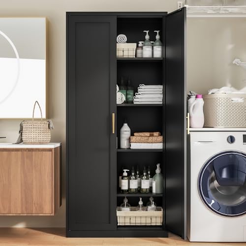 Kitchen Pantry Cabinet,71” Metal Tall Pantry Storage Cabinet with Doors and 4 Adjustable Shelves,Kitchen Storage Cabinets Black Freestanding Food Cabinet for Pantries, Kitchen, Livingroom, Dining Room BESFUR
