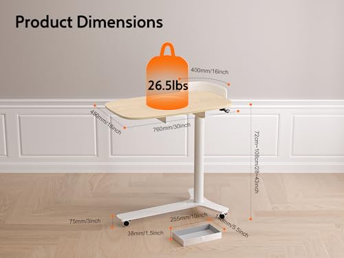 KINGSMITH Rolling Desk Adjustable Height with Drawer and Wheels, Portable Small Standing Desk Pneumatic for Home Office, Mobile Computer Laptop Desk Cart, Medical Sofa Overbed Table, Oak KINGSMITH