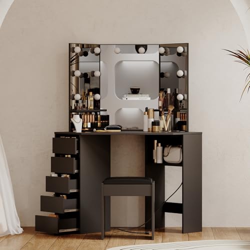MilleLoom Corner Vanity Desk with Mirror and Led Lights - Makeup Table with 5 Drawers, Shelves, and Vanity Stool - Perfect for Bedroom or Bathroom, Black MilleLoom
