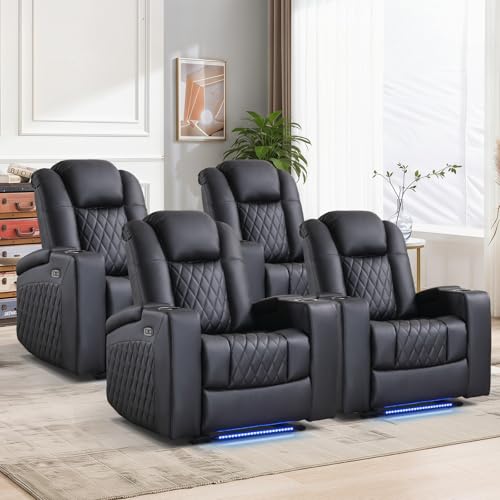 ANJ Home Theater Seating Power Recliner Set of 4 with Arm Storage, Faux Leather Recliner Sofa with LED Light, Electric Movie Reclining Chairs with USB Ports & Cup Holders for Media Living Room, Black