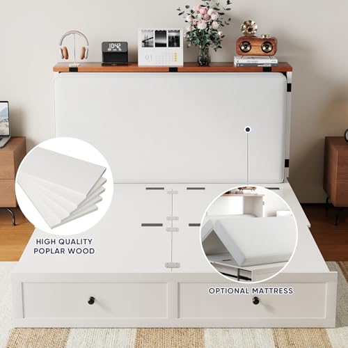 ijuicy Full Murphy Bed with Storage & Multifunctional Charging Station, Farmhouse Murphy Cabinet Bed with Foldable Panel, Space-Saving Beds for Guest Bedroom, Living Room-White & Brown, No Mattress ijuicy