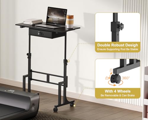 Adjustable Height Standing Desk With Drawer, Rolling Sit Stand Up Desk With Wheels, Small Sit To Stand Computer Desk, Adjustable Desktop Height, On Wheels, Black, For Walking Pad Laptop Treadmill Cidaziya
