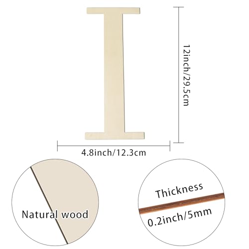 Large Wooden Letters 12 Inch Paintable Wood Letter I for Wall Decor, 1/5 Inch Thick Wooden Alphabet Letters Cutouts for DIY Crafts Project Unfinished Wood Birthday Wedding Party Home Decoration Longan Craft