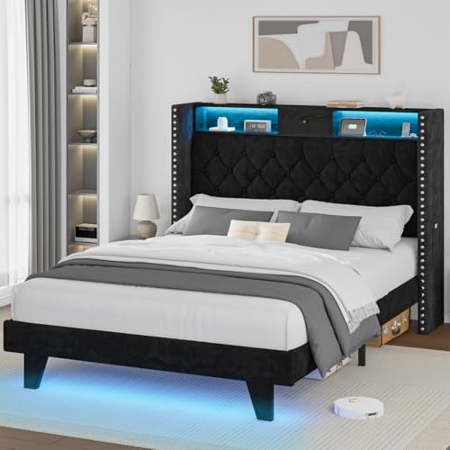 Otevehde LED Full Size Bed Frame with USB Charging Station, Velvet Upholstered Platform Bed Frames with Button Tufted Wingback Storage Headboard, Wooden Slats Support, No Box Spring Needed, Black Otevehde