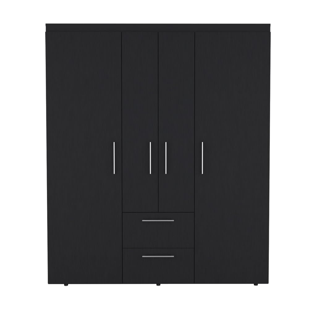 Quarte Modern 4-Door Wardrobe with 2 Drawers, Shelves and 2 Clothing Rods, Freestanding Armoire Wardrobe Closet, Clothes Storage Cabinet Organizer for Bedroom (Black/4-door) Quarte