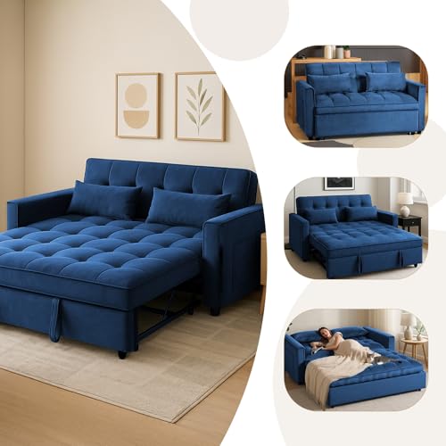 Osparple Pull-Out Convertible Loveseat Sleeper – 3 in 1 Blue Velvet Futon Sofa Bed, Love Seat Couches for Living Room Apartment, 2-Seater Sofa Bed for Small Spaces with Side Pockets & Modern Style Osparple