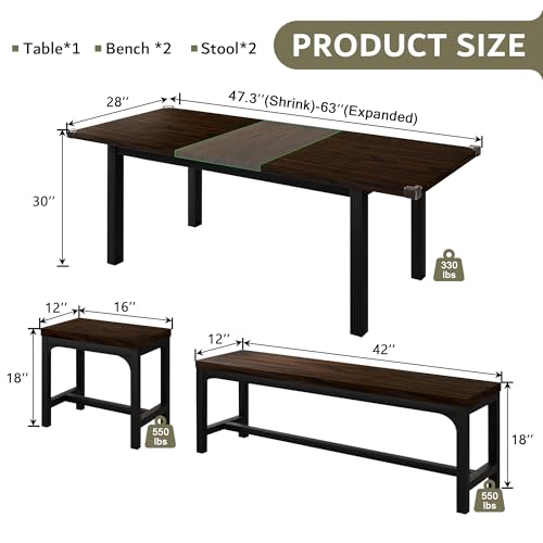 iPormis 5-Piece Dining Table Set for 4-8 People, Extendable Kitchen Table Set with 2 Benches and 2 Square Stools, Mid-Century Dining Room Table with Metal Frame & MDF Board, Saving Space, Espresso iPormis