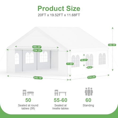 Phonjoroo Party Tent, 20’ x 20’ Heavy Duty Outdoor Canopy Tent All-Season Tarp & Removable Sidewall Waterproof Carport Wedding Canopy with Windows Event Shelters Outdoor Storage Shelter Birthday BBQ Phonjoroo