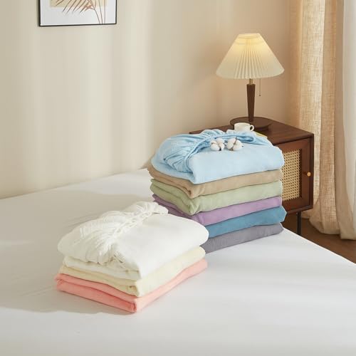 100% Muslin Cotton Emerald Green Fitted Sheet Twin Only with 16" Elastic Deep Pocket, 1 Pack Soft Breathable Absorbent Gauze Single Fitted Bottom Sheet, Minimalist Fluffy Wrinkle Mattress Protector YASMENG