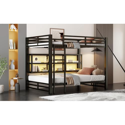 Harper & Bright Designs Queen Over Queen Bunk Bed with Storage Cabinets and LED Lights, Metal Bunk Bed Frame for Kids Teens, Black Harper & Bright Designs