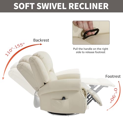 Montary Heavy Duty Manual Lift Recliner Chair with Heat Massage, Adjustable Footrest, Rocker & Swivel, Lay Flat Function in Breathable Leather Reclining Sofa Chair (White) Montary