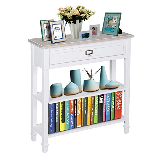 kinbor Accent White Console Table with Drawer and Shelf, Wood Sofa Table with Storage for Entryway Hallway Living Room kinbor
