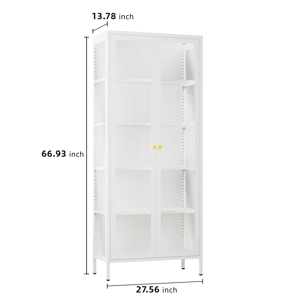 VCGGAIP 5-Tier LED Illuminated Glass Display Cabinet with Dual Tempered Doors - Adjustable Shelves & Leveling Feet for Home/Office- Collectibles Showcase (White, 13.78" D x 27.56" W x 66.93" H) VCGGAIP