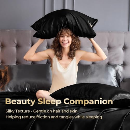 Sasttie Satin Sheets King - 4 Pieces Luxury Soft Black Silky Bed Sheets Set with Pillowcases - Smooth Silk-Like Satin Fabric, Reinforced 14 Inches Pocket, Oeko-Tex Certified Sasttie