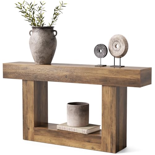 LITTLE TREE 63 Inches Long Console Table, 2-Tier Farmhouse Sofa Table Behind Couch, Large Narrow Entryway Table for Living Room, Wooden Hallway Foyer Table with Heavy Duty Base, Rustic Brown LITTLE TREE