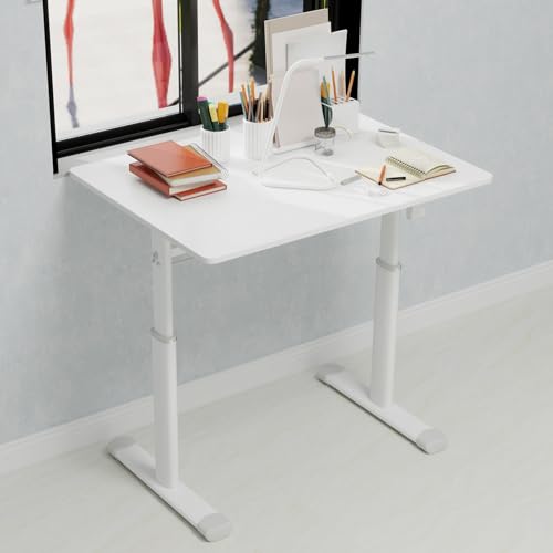 Jenvor Adjustable Study Desk Hand-Crank Height Adjustable Sit-to-Stand Desk 60 x 80 cm Compact White Frame White Top Double-Column Stable Workstation for Home Office Study Jenvor