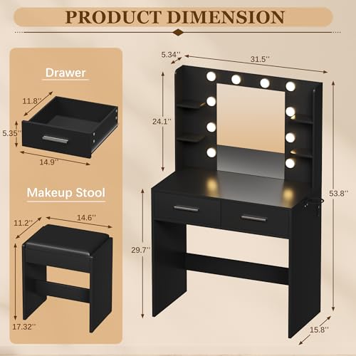 Furmax Make up Vanity Desk with Mirror and Power Outlet, Vanity with 3 Color Light Options Adjustable Brightness,Vanity Desk with 2 Drawers, 6 Storage Shelves (Black, with Bench) Furmax
