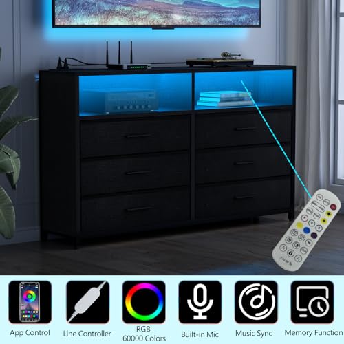 Loomie 6 Drawers Dresser with Power Outlets and LED Lights, Black Dresser with 2 Top Cubby, Tall Wide Fabric Double Chest of Drawers,Modern Dresser Tv Stand for up to 60" TV for Bedroom, Living Room Loomie