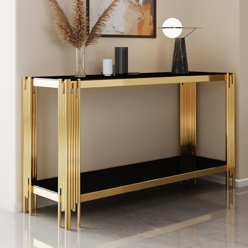 Maotifeys Modern 2-Tier Glass Console Table Luxury Black Tempered Glass Top Sofa Table with Shiny Gold Legs 55" Slim Entryway Hall Tables with Storage Shelf for Living Room Bedroom Maotifeys