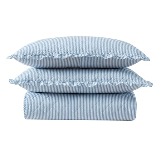 Laura Ashley - Quilt Set, Super Soft Bedding with Matching Sham, Casual Home Decor (Oxford Stripe Blue, Full/Queen) Laura Ashley