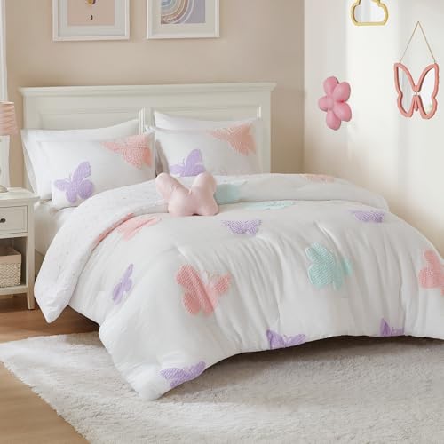 Intelligent Design Kids Rio Full/Queen Comforter Set – Girls’ Reversible Tufted Chenille Bedding with Pastel Purple Butterflies and Pink Dot, 4pcs Intelligent Design