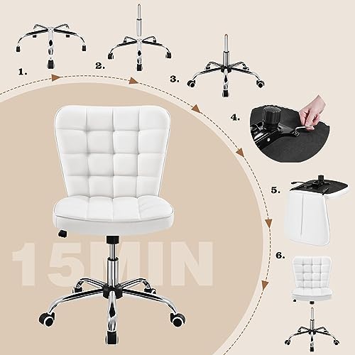 Yaheetech Armless Desk Chair Modern Tufted Office Chair Faux Leather Upholstered Computer Chair with Adjustable Seat Height and Rolling Wheels for Home/Office, White Yaheetech