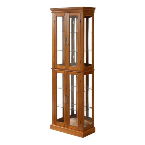 70" Lighted Curio Cabinet with Tempered Glass Doors - Oak Wooden Curio Cabinet for Collectibles, China & Antiques, Adjustable Glass Shelves, Lockable, Mirror Back E26 Bulb Not Included Anveffeg