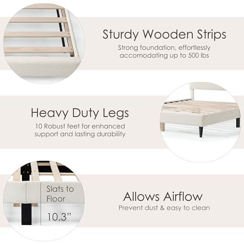 Vivienne Contemporary Boucle Fabric Queen Size Platform Bed Frame with Adjustable Curved Headboard and Solid Wood Legs - White Furniture of America