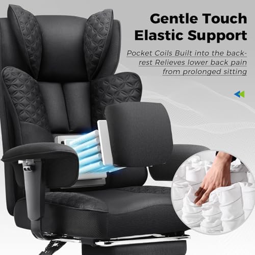 GTPLAYER Big and Tall Office Chair 400LBS Wide Ergonomic Fabric Deluxe Embossing Designed Gaming Chair with Foot Rest,150°Reclining Adjustable Armrests Pocket Spring Back Support and Pillow GTPLAYER