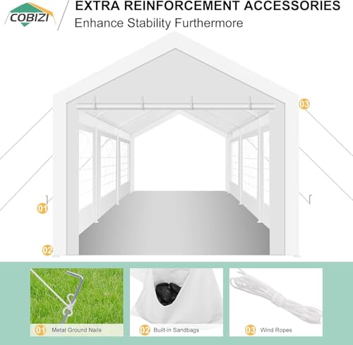 COBIZI 10x20 Party Tent Heavy Duty for Parties, Powder Coating (Better Than Galvanized), Waterproof for Church & Wedding, Large Outdoor Event Gazebo with Removable Sidewall & Built-in Sandbag, White COBIZI