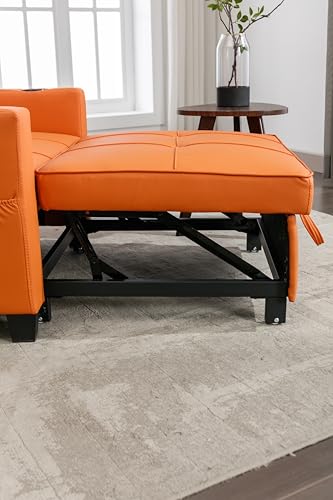 LENA LACED Convertable Futon Chair Bed with USB Ports and Cup Holders, 3-in-1 Design for Living Room, Orange Leather LENA LACED