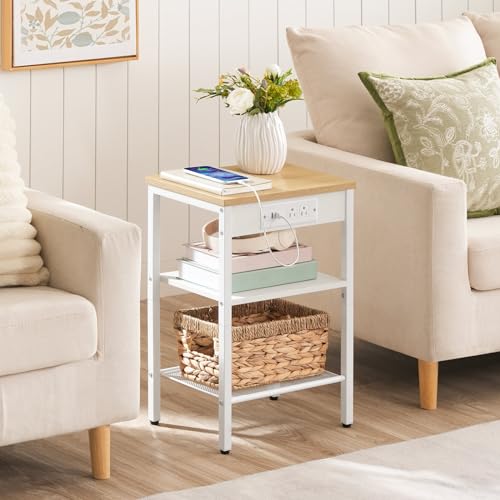 HOOBRO End Table with Charging Station and USB Ports, 3-Tier Nightstand with Adjustable Shelves, Small Side Table for Small Space in Living Room, Bedroom and Balcony, Natural and White WN112BZ01 HOOBRO