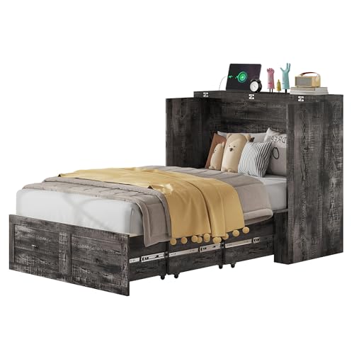 AMERLIFE Twin Murphy Bed Cabinet with Charging Station and Storage Drawer, Farmhouse Foldable Platform Bed for Home Office, Apartment, Small Spaces, Black Oak AMERLIFE