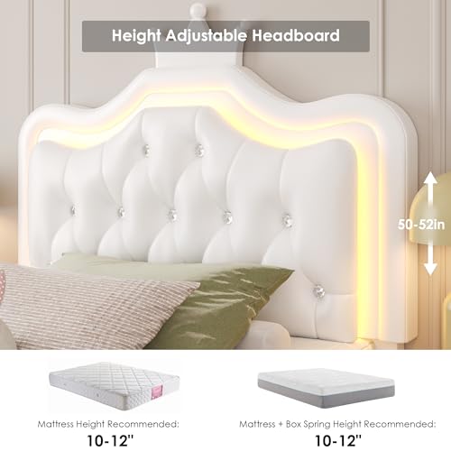 Keyluv Twin Upholstered LED Storage Bed Frame with Adjustable Crystal Crown Headboard in White Keyluv