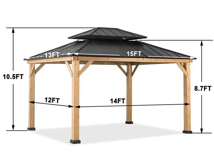 Warmally 13' x 15' Solid Wood Gazebo, Outdoor Cedar Framed Gazebo, Pavilion with Black Steel Hardtop for Patio, Deck, Garden, Backyard, Lawn Warmally