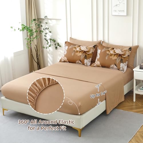 Dobuyly Brown Comforter Set Queen Size 7 Piece Bed in a Bag, Floral Printed on Brown Comforter Set with Sheets, Soft Microfiber Botanical Fall Complete Bedding Set for All Season Dobuyly