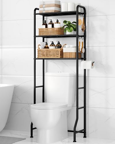 Kitsure Over Toilet Storage Rack - Metal Over Toilet Bathroom Organizer Shelf, Over the Toilet Storage Cabinet with Paper Holder and Hooks, Bathroom Cabinet for Laundry, Black, 3 Tiers (63.2" H) Kitsure